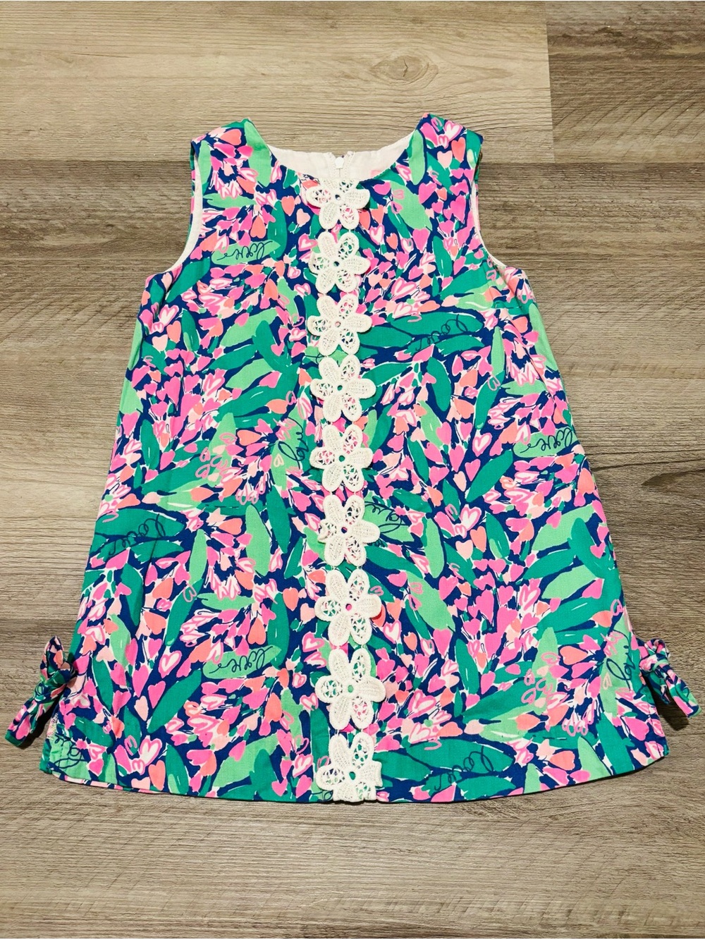 Lilly Pulitzer Green Pink Floral Shift Dress with White Lace Trim 2T